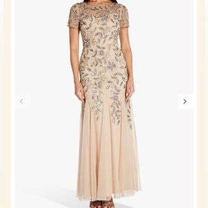 Adrianna Papell Pleated Beaded Floral Maxi Gown, Taupe/Pink